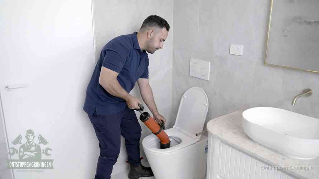 Een monteur gebruikt een handmatige perspomp (toiletontstopper) op een wandcloset tijdens het professioneel wc ontstoppen in Groningen