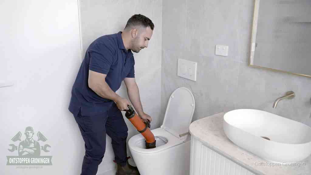 Een man gebruikt een handmatige luchtdruk-ontstopper in een modern betegeld toilet om zelf de wc te ontstoppen in Groningen